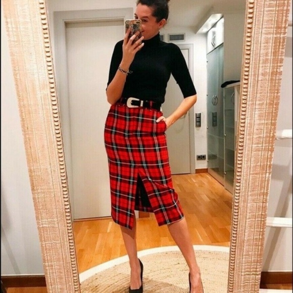 NWT Zara Plaid Red Pencil Skirt